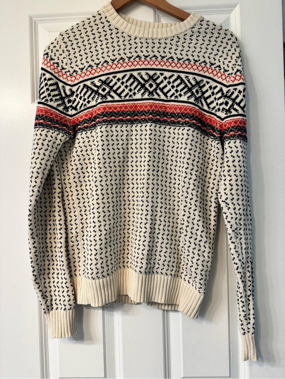 Merona Cream Crewneck Sweater with Red and Black Fair Isle Detail